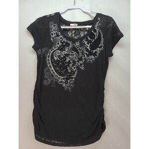 Black Paisley Burnout Rhinestone Lace Top Ruched‎ Sides XL Whimseygoth Goth Vamp